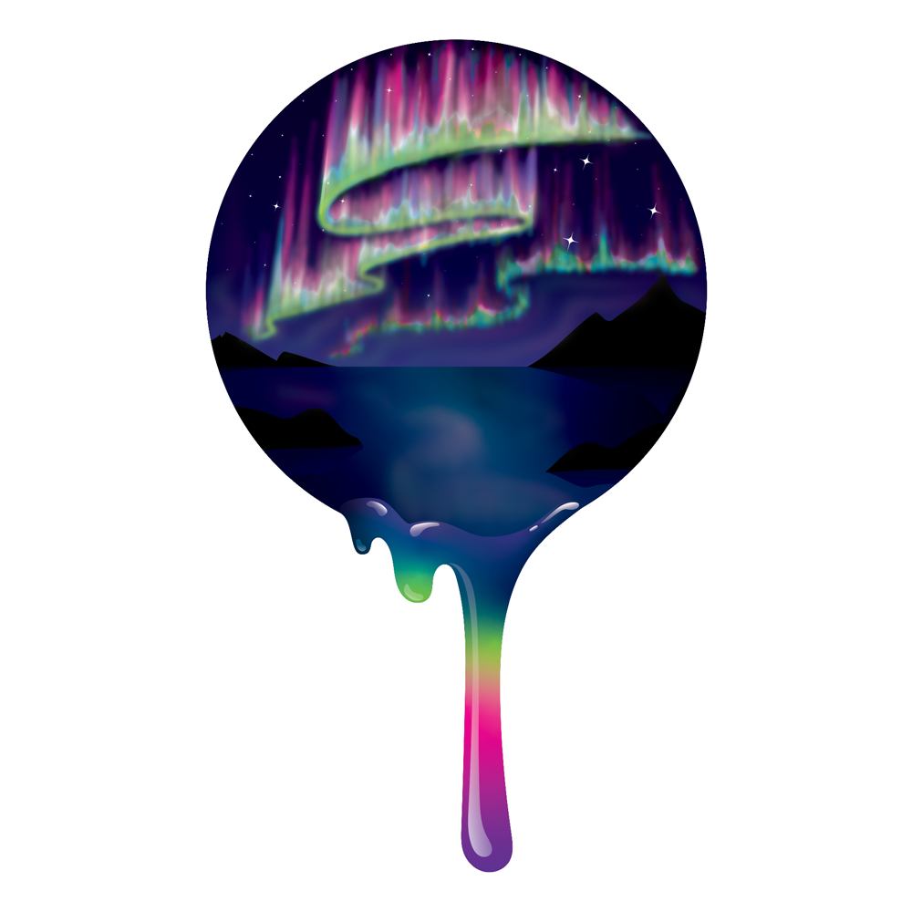 Wonderbrett Northern Lights strain logo, a circular icon showing green and pink aurora borealis over a dark mountain landscape with a dripping color accent.