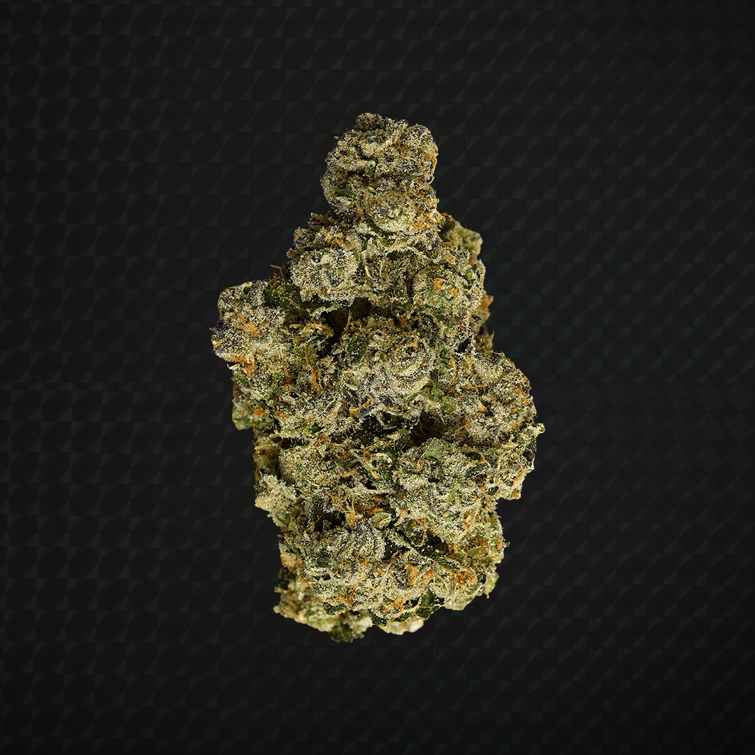 Close-up of a Wonderbrett Ether cannabis flower on a textured black background, trichome-covered with green tones and orange pistils
