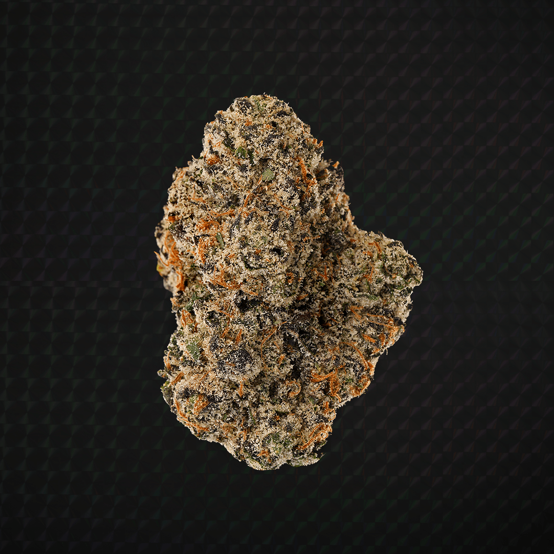 Wonderbrett Kush Cola cannabis flower, a dark purple-black bud heavily coated in white trichomes with fine orange pistils, shown on a black background