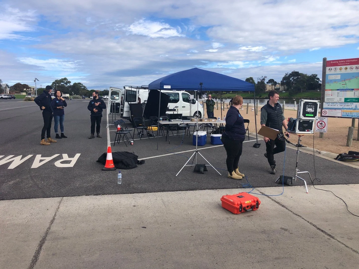 On set filming a community message video about new boat ramp feautres.

Our setup is sun smart, comfortable, and positioned close to the action so everyone has a clear view of the monitor, helping keep long shoot days efficient, and a lot of fun for 