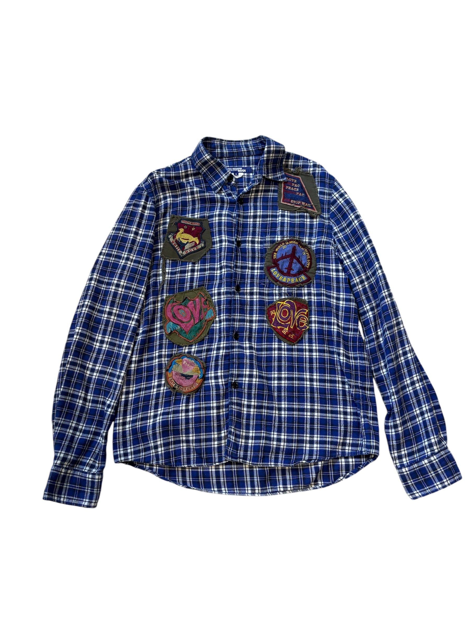 Junya Watanabe Autumn Winter 2006 Flannel Button-Up with Anti War Patches, Blue Multi Color Tagged Size Small