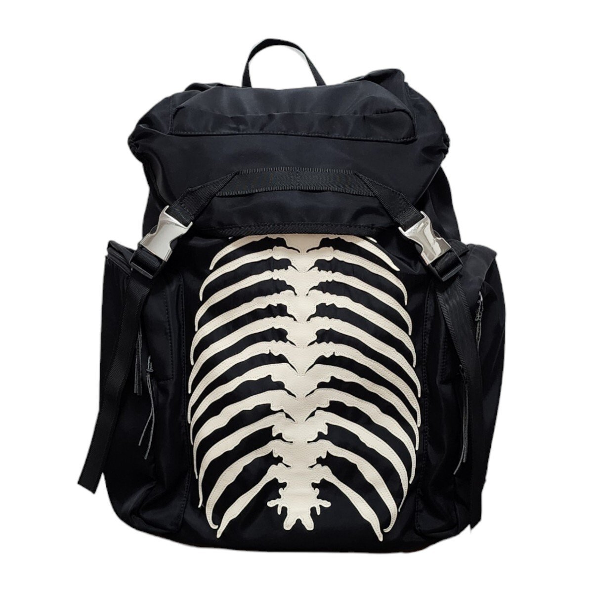 UNDERCOVER Autumn Winter 2013 Anatomicouture Backpack with Leather Ribcage Stitch Buckles and Elastic Pulls,, Black with White Ribcage, and Silver Hardware