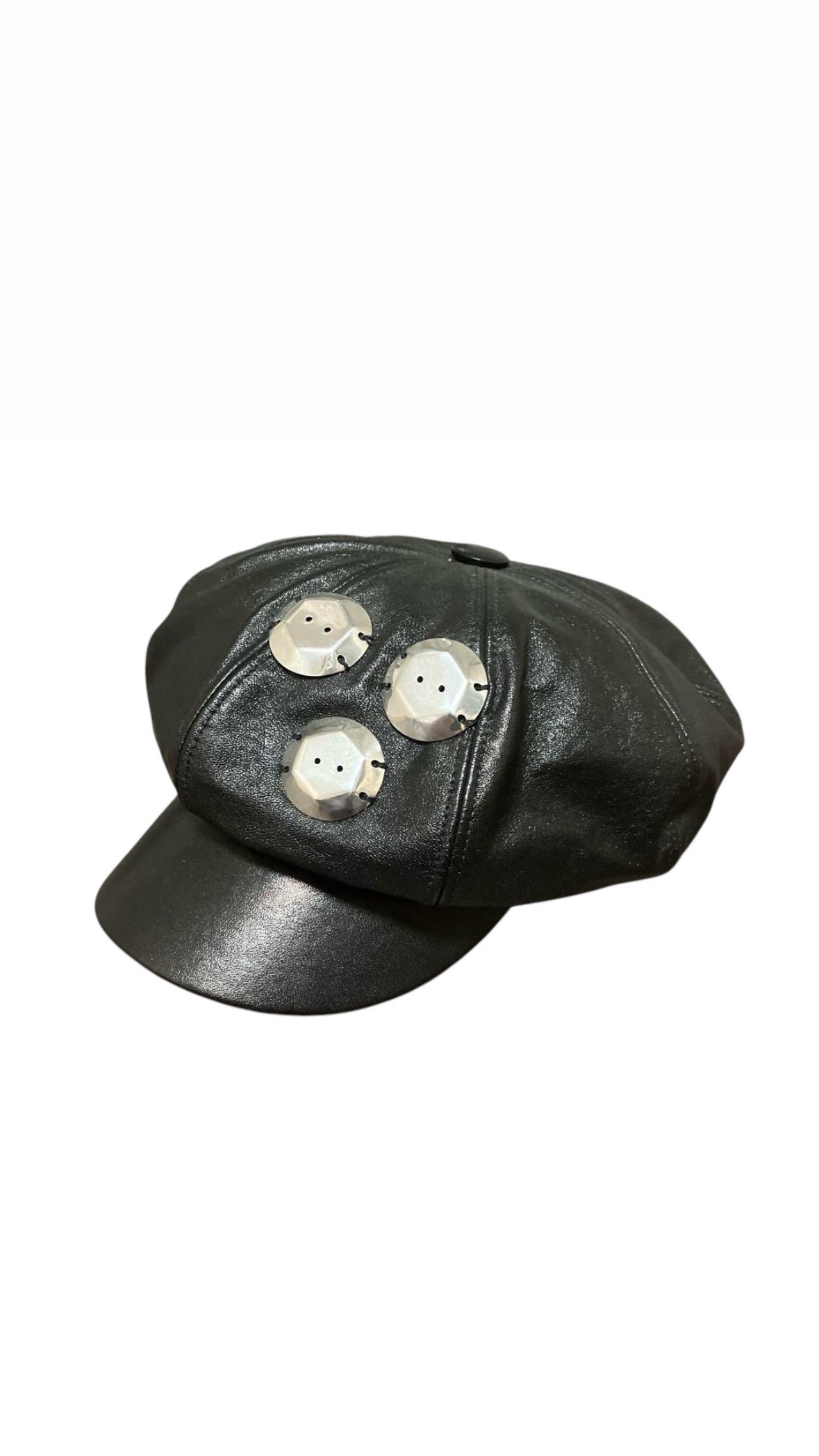 tefan Cooke Spring Summer 2022 Leather Baker Boy Hat with Silver Buttons , Black Leather