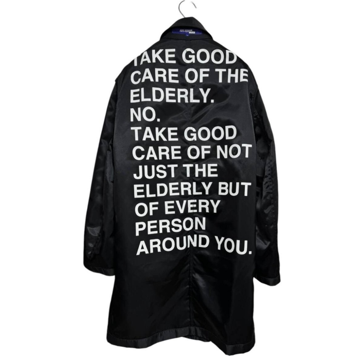 Junya Watanabe Spring Summer 2002 Nylon Poem Long Coat with Print inside the Jacket , Black White Tagged Size Large