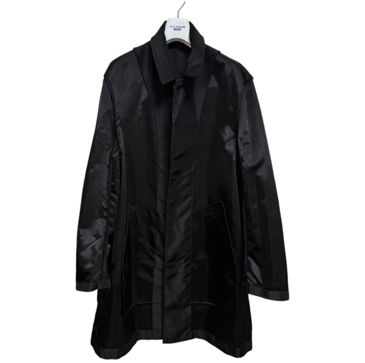Junya Watanabe Spring Summer 2002 Nylon Poem Long Coat with Print inside the Jacket , Black White Tagged Size Large