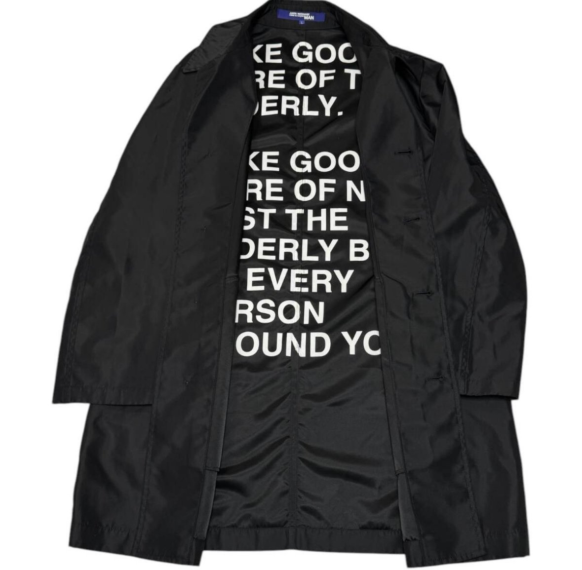 Junya Watanabe Spring Summer 2002 Nylon Poem Long Coat with Print inside the Jacket , Black White Tagged Size Large