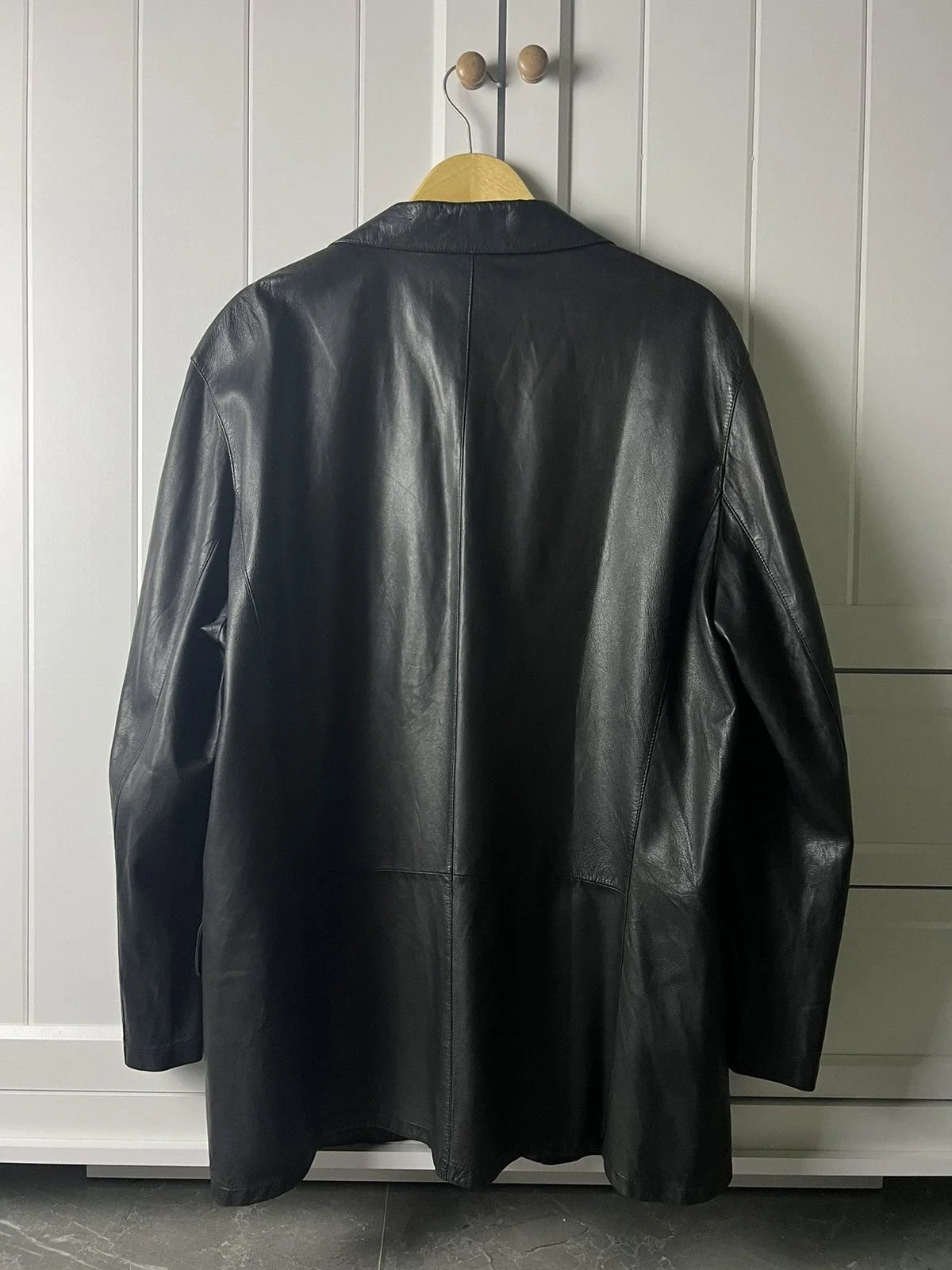 Prada   Vintage Black Leather Blazer Jacket  Pre-2010, possibly late 90s/early 2000s   Condition 8/10   Size 52