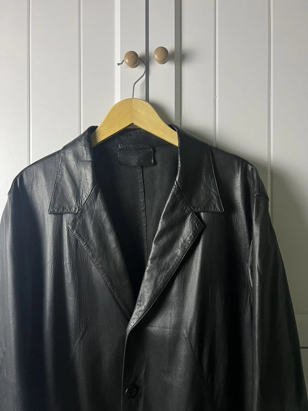 Prada   Vintage Black Leather Blazer Jacket  Pre-2010, possibly late 90s/early 2000s   Condition 8/10   Size 52
