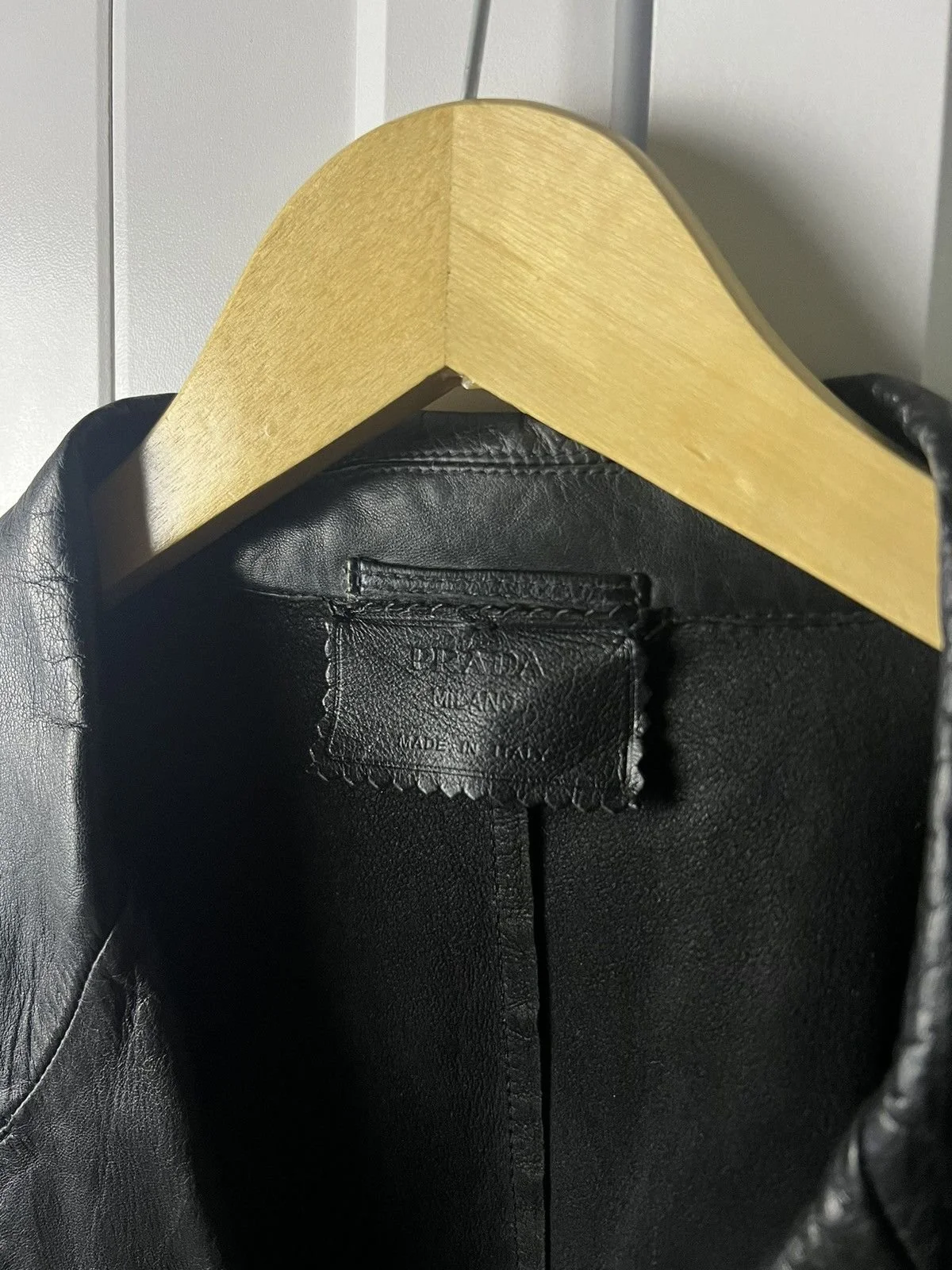 Prada   Vintage Black Leather Blazer Jacket  Pre-2010, possibly late 90s/early 2000s   Condition 8/10   Size 52