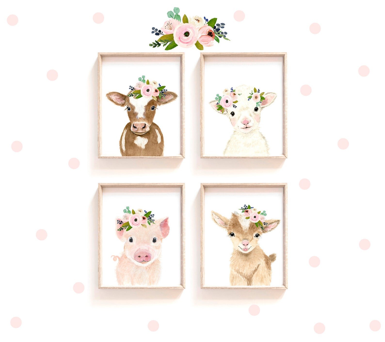 Light Pink Flower Crown Farm Animals Set of 4