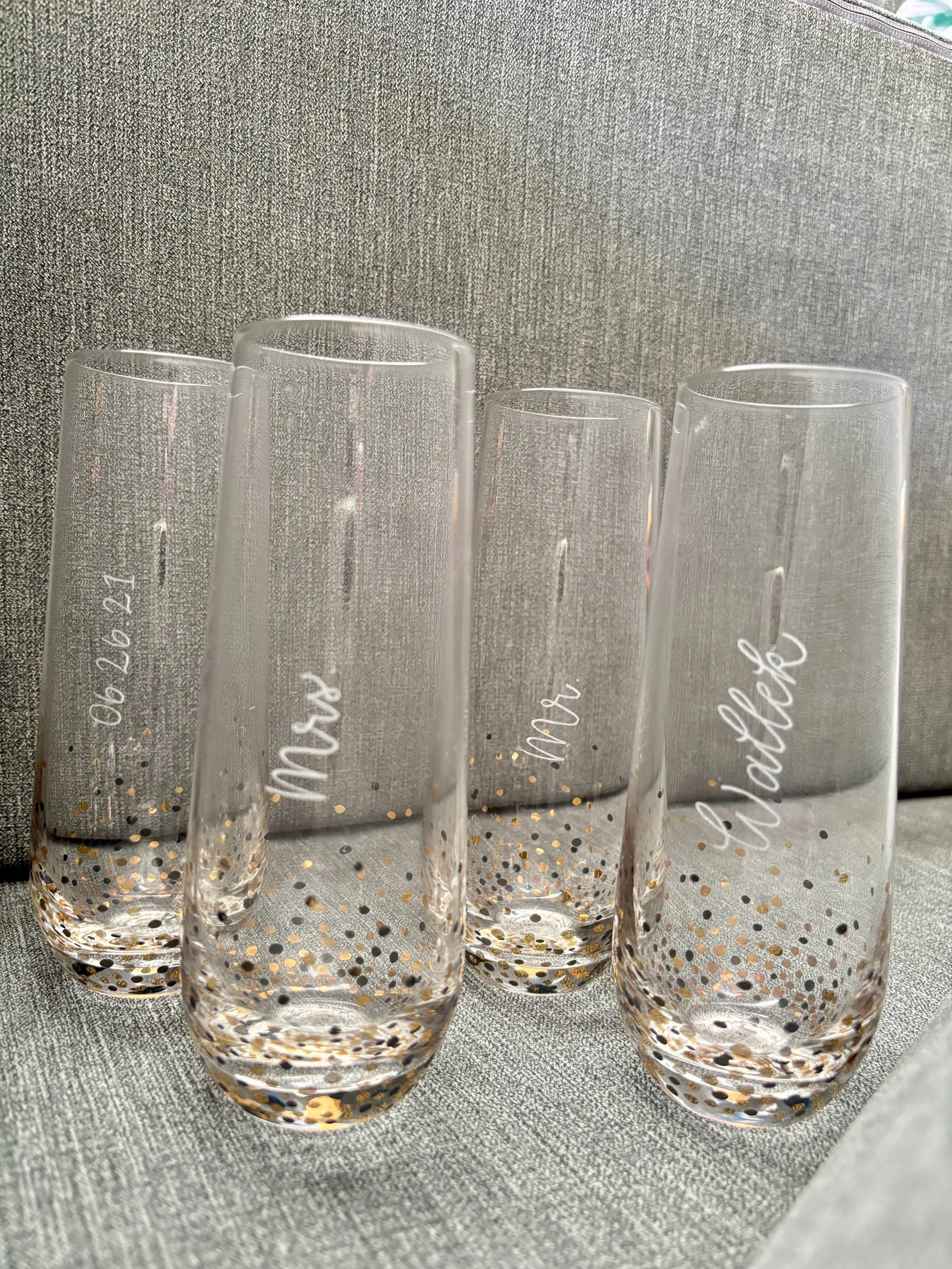 custom calligraphy engraved champagne flutes for wedding or anniversary gift