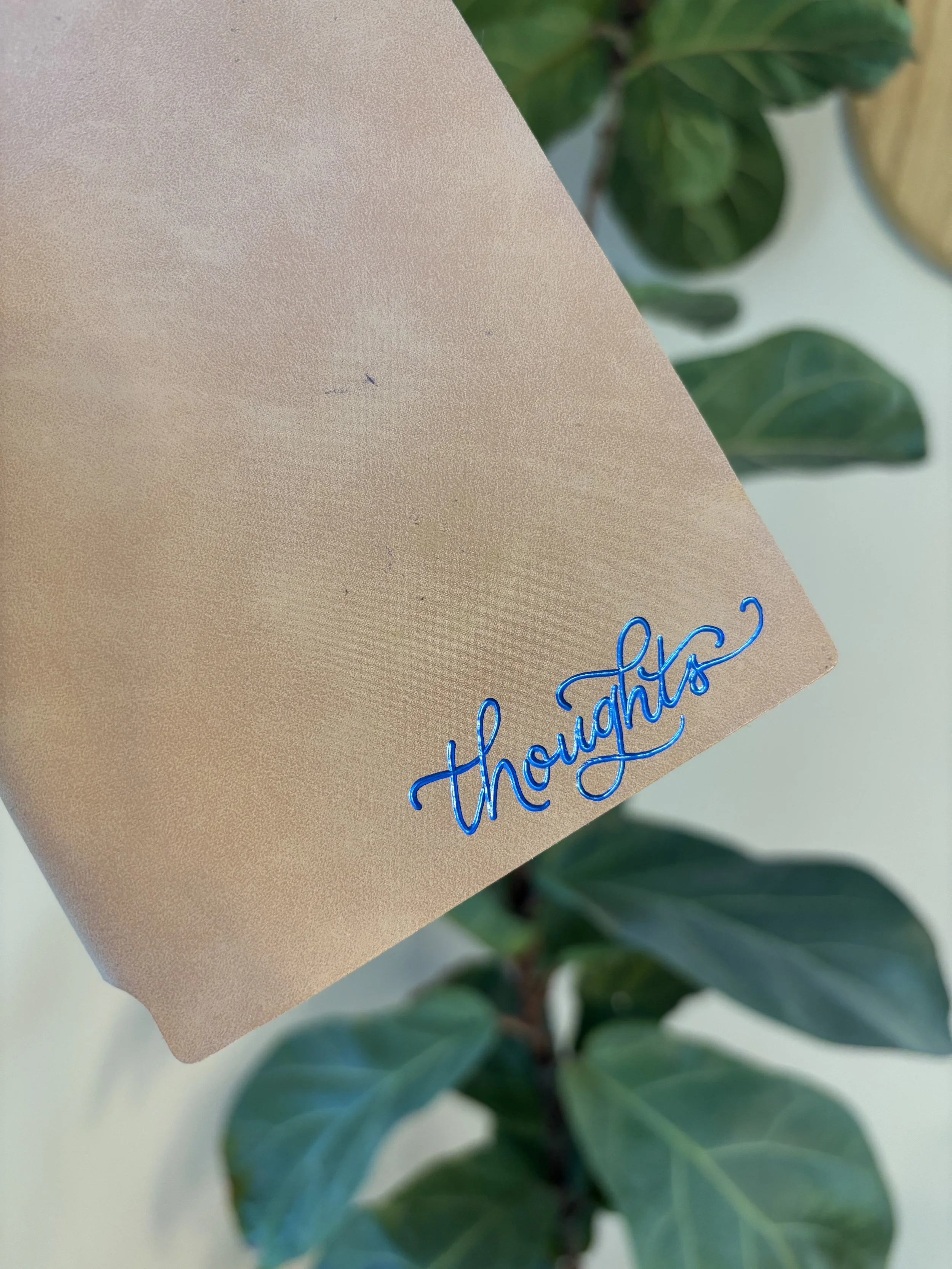 custom personalization heat foiled onto leather notebook