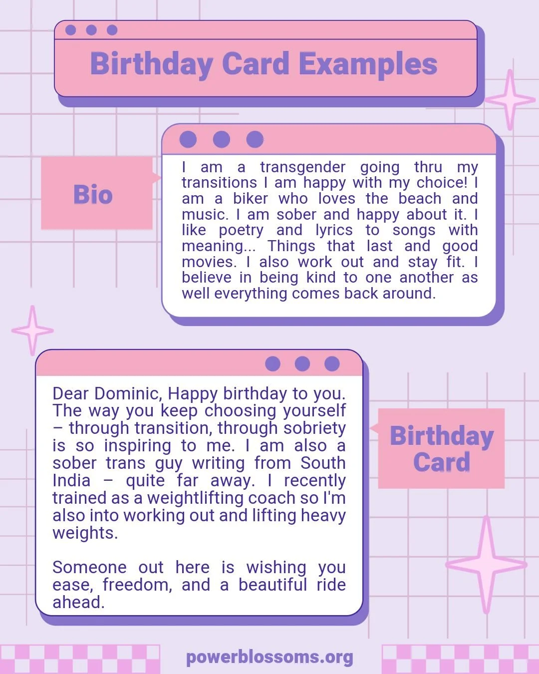 If you ever have a hard time thinking of what to write in a birthday card, here is a few examples! To get a feel for how to engage with bios, these include the bios and the card they received 💗