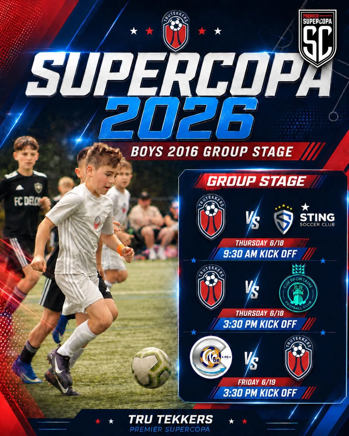 SUPER COPA LOADING&hellip; 🔥🏆

Our Tru Tekkers Boys 2016 squad is headed to Premier SuperCopa 2026 ready to compete against some of the best teams in the country.

Group Stage Schedule:

⚽ Game 1
TTSC vs Sting Soccer Club
Thursday 6/18 | 9:30 AM Ki