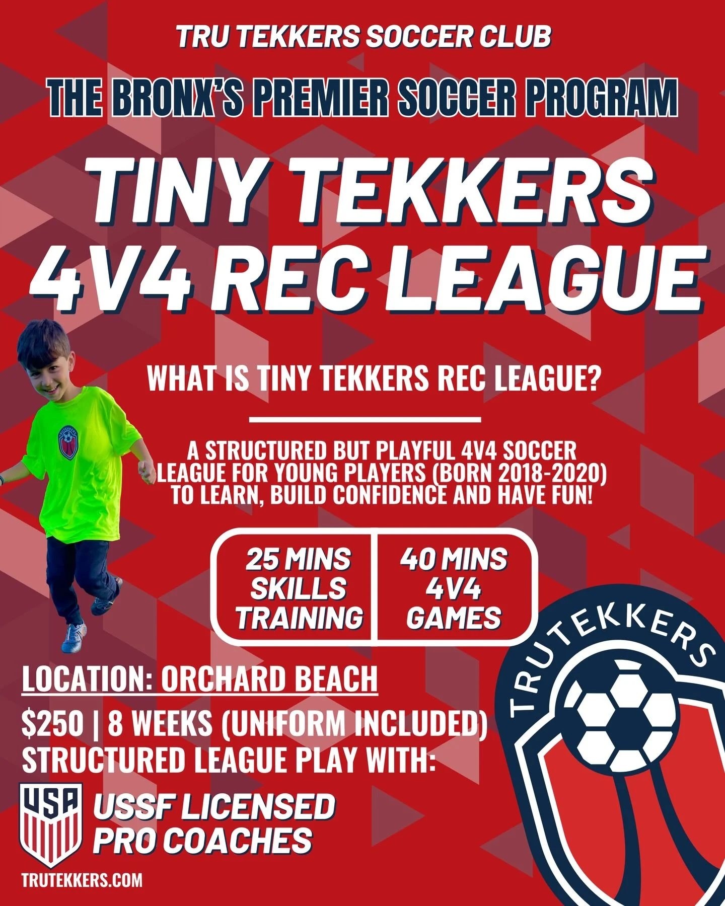 ⚽ Tiny Tekkers 4v4 Rec League is Here!
Looking for the perfect way to introduce your child to soccer? Our Tiny Tekkers Rec League is built for fun, confidence, and development from day one.
Designed for players born 2020&ndash;2018, this program comb