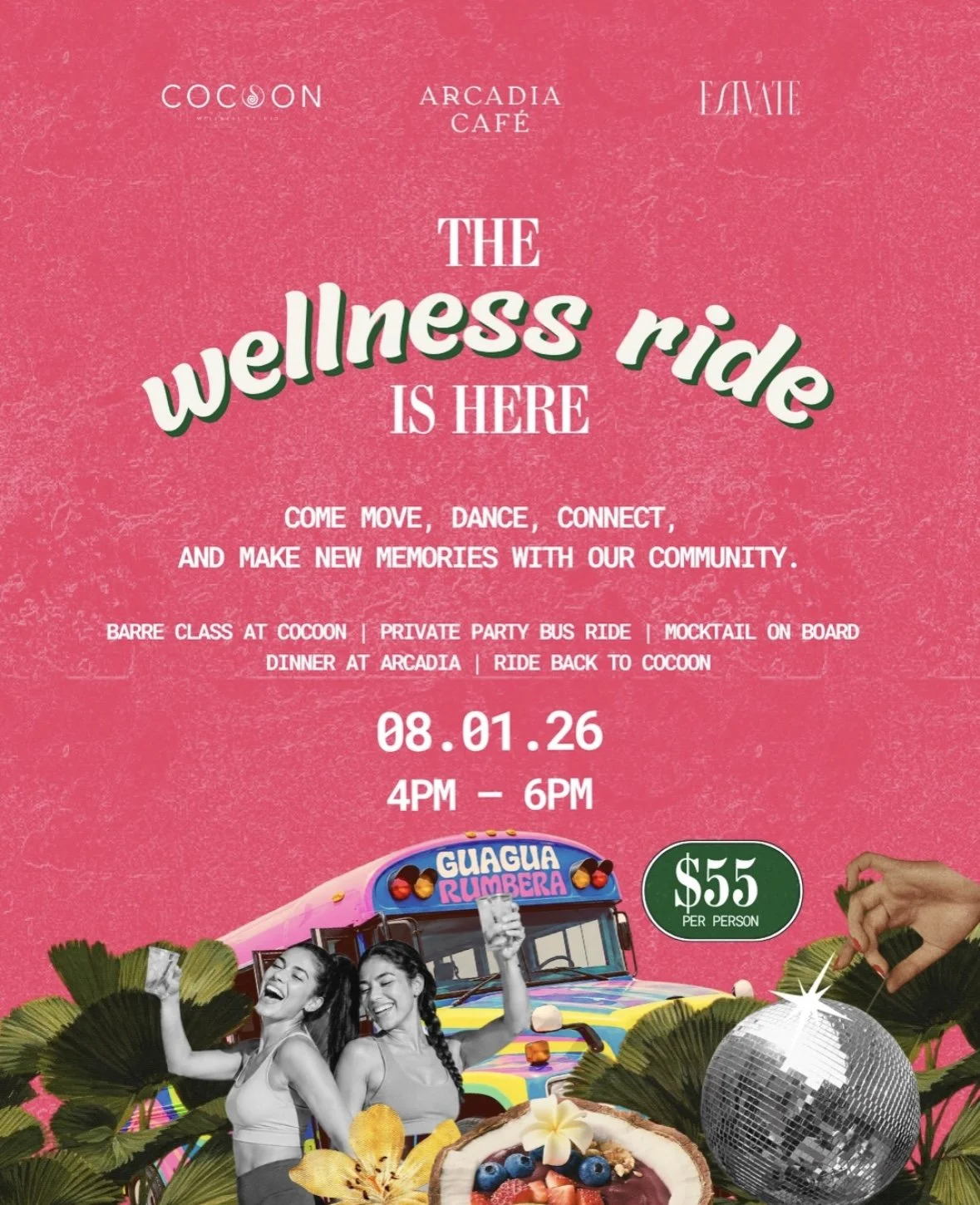 Wellness Ride in Roatán | Barre Class, Party Bus & Dinner Experience