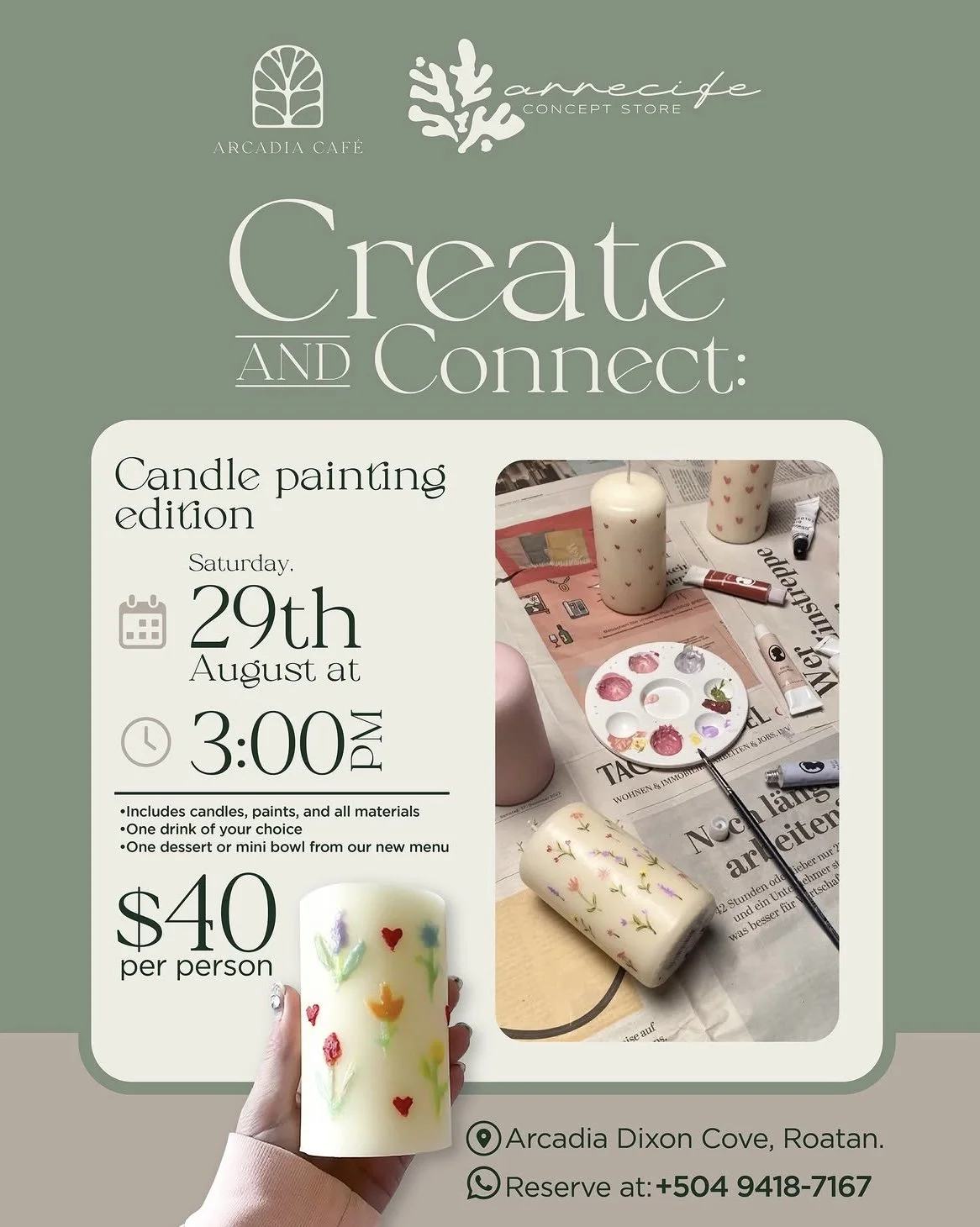 Create & Connect Candle Painting Event in Roatán | Arcadia Café