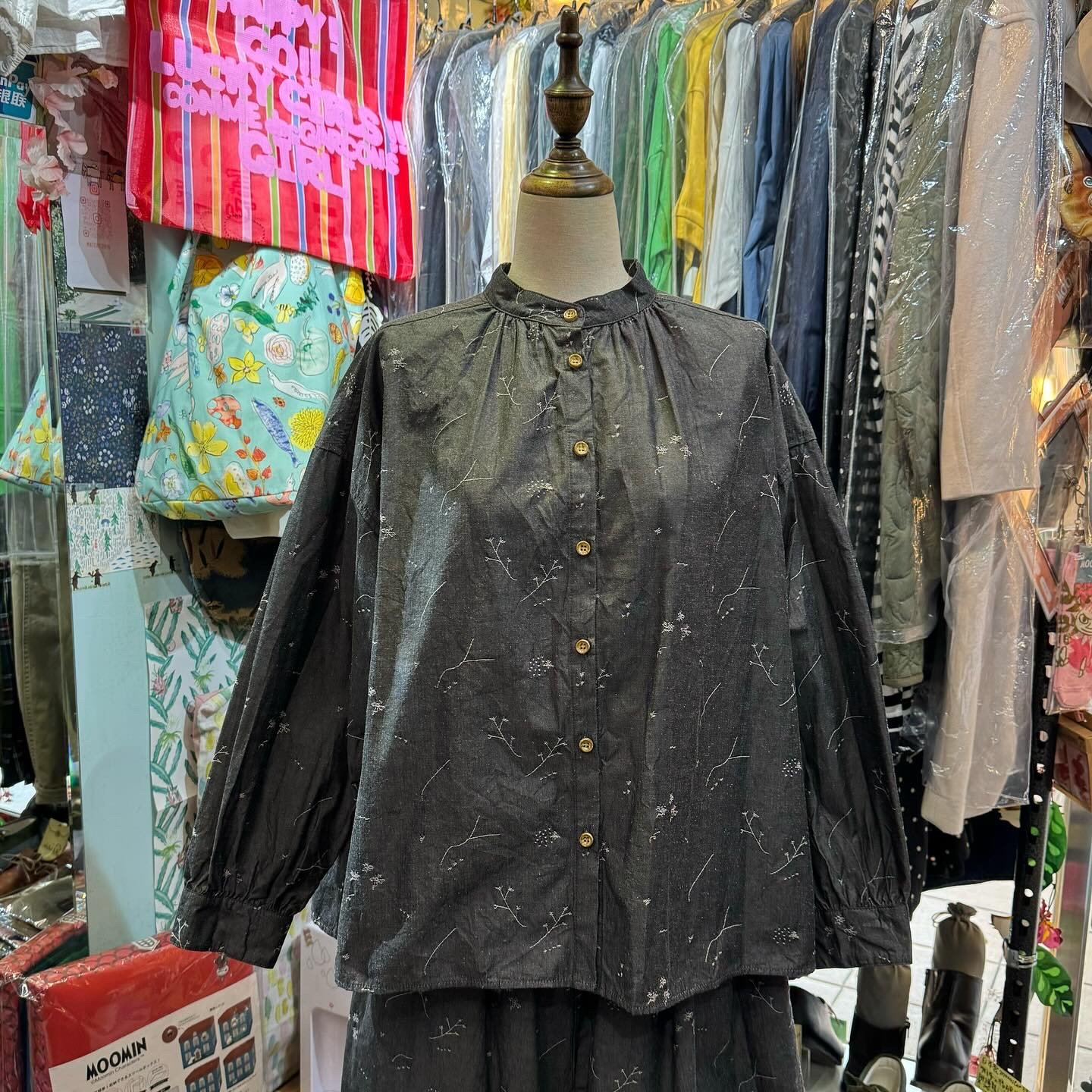 Sale- Tumugu Embroidery Charcoal Shirt, made in Japan