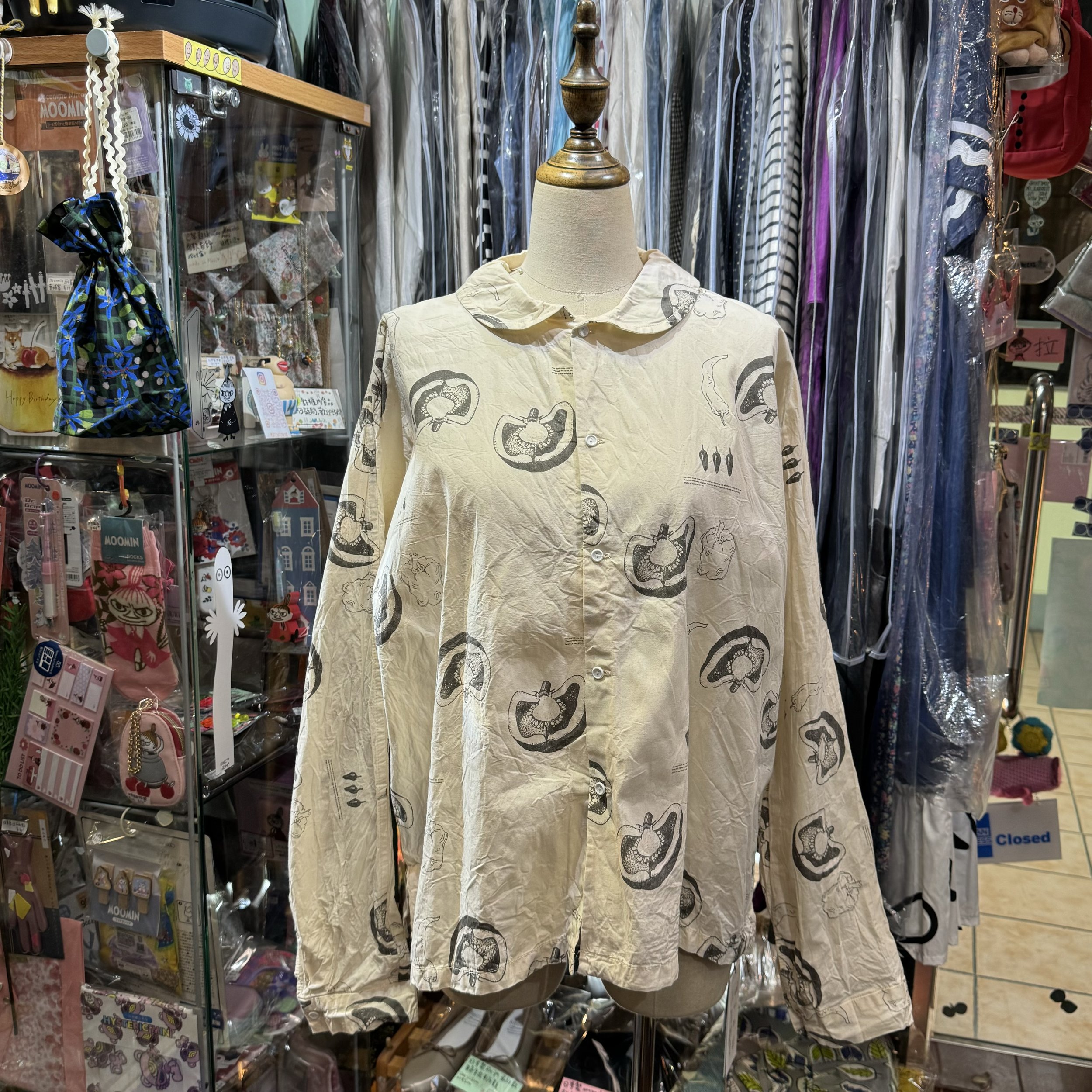 Veritecoeur Original Vegetable Prints Round Collar Ivory 2Way Shirt, made in Japan