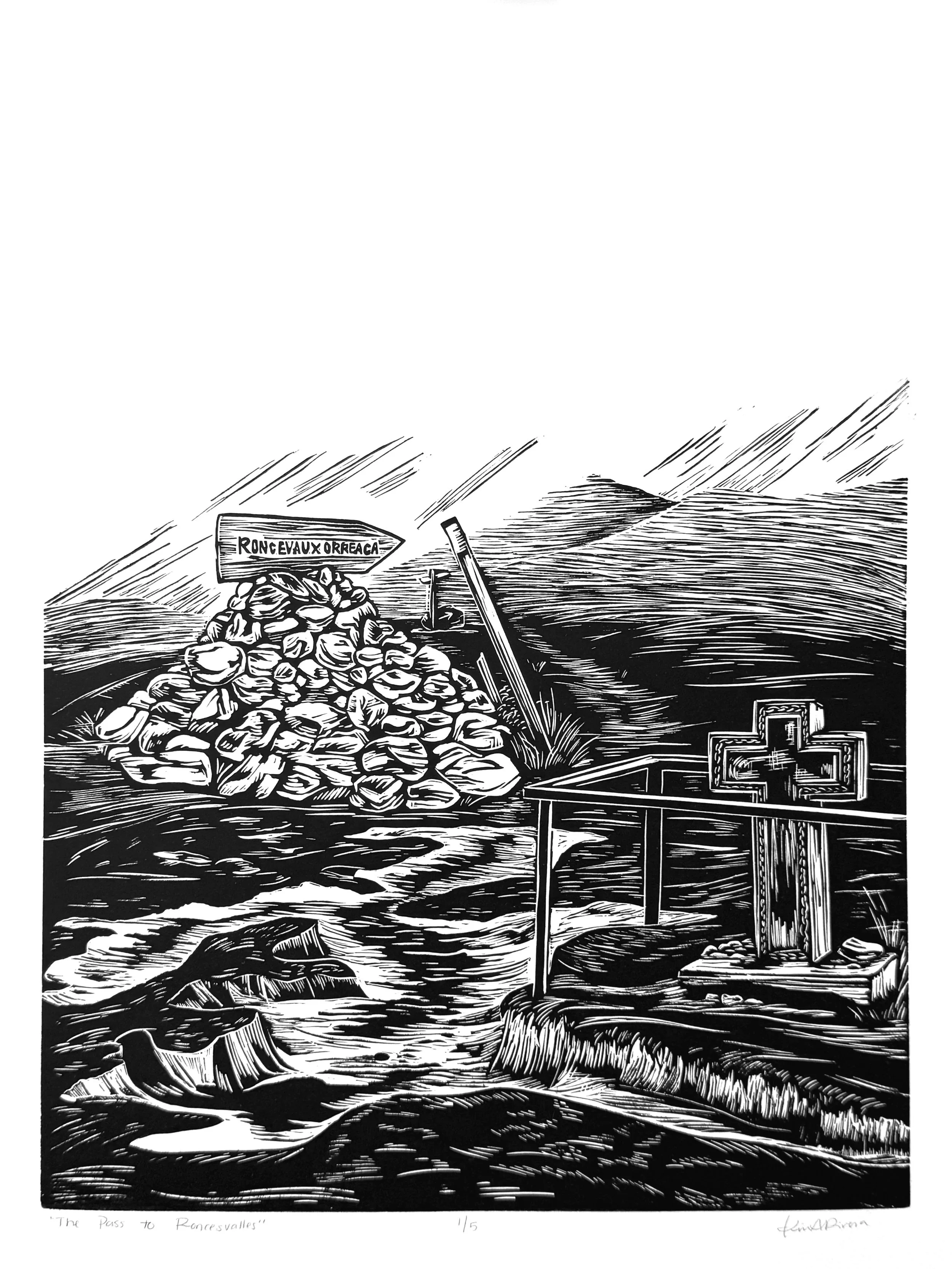 “The Pass to Roncesvalles”
Day 2, walking 17 km

I could not be more thankful for the weather we had today. Today was a difficult hike, but I would rather have been hiking in fog and light rain than crossing the Pyrenees in the beating sun. At the to