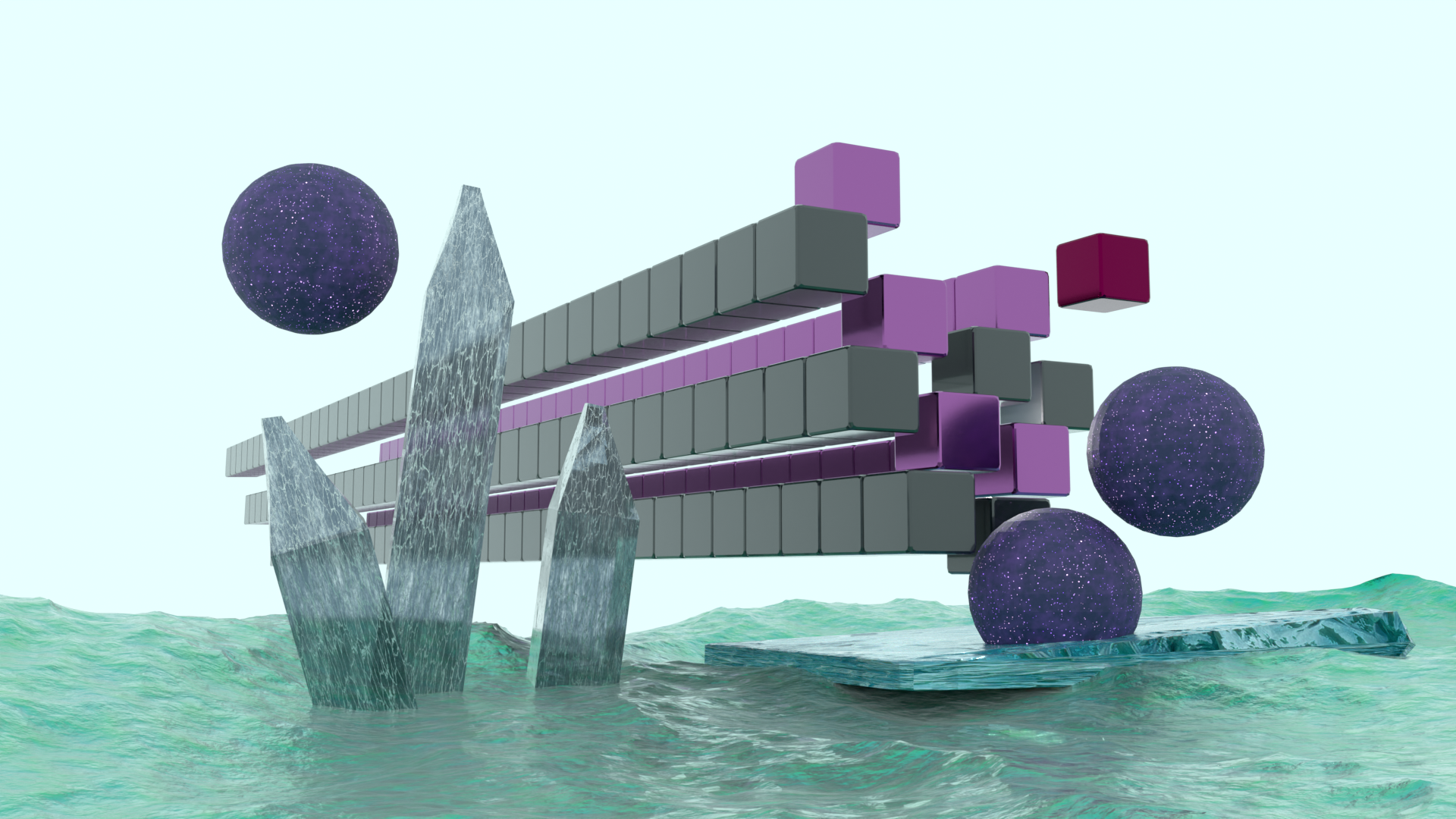 Digital artwork featuring floating geometric shapes including cubes, spheres with starry textures, and crystal-like structures over water with a pale blue sky background.