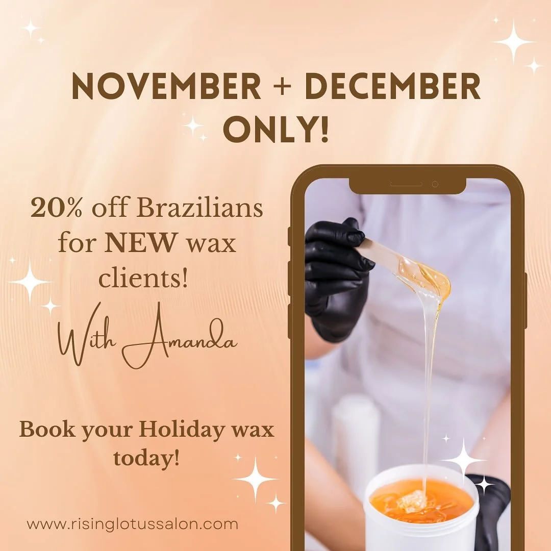 ✨Tis the self care season!✨

New to waxing with us? Enjoy 20% off your first Brazilian with Amanda all November + December only! 💕🍂

Amanda has 3 years of experience and is excited to build her clientele &mdash; so you&rsquo;re in great hands! 🤍

