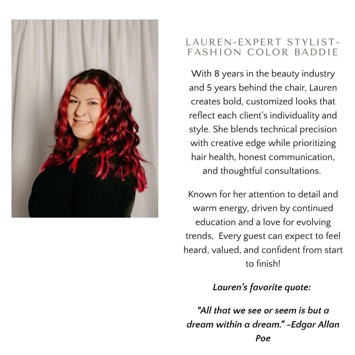 Please help us welcome Lauren to the Rising Lotus family! 

We are so excited to have her joining our team starting February 17. Lauren is incredibly sweet, helpful, and talented, with a passion for creating bold, customized looks while prioritizing 