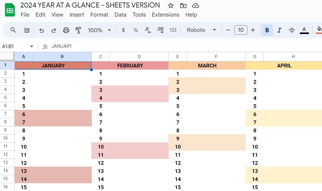 Year at a Glance Calendar 2024 Template for Google Sheets — Helping  Companies Deliver More Value Through Better Process Management