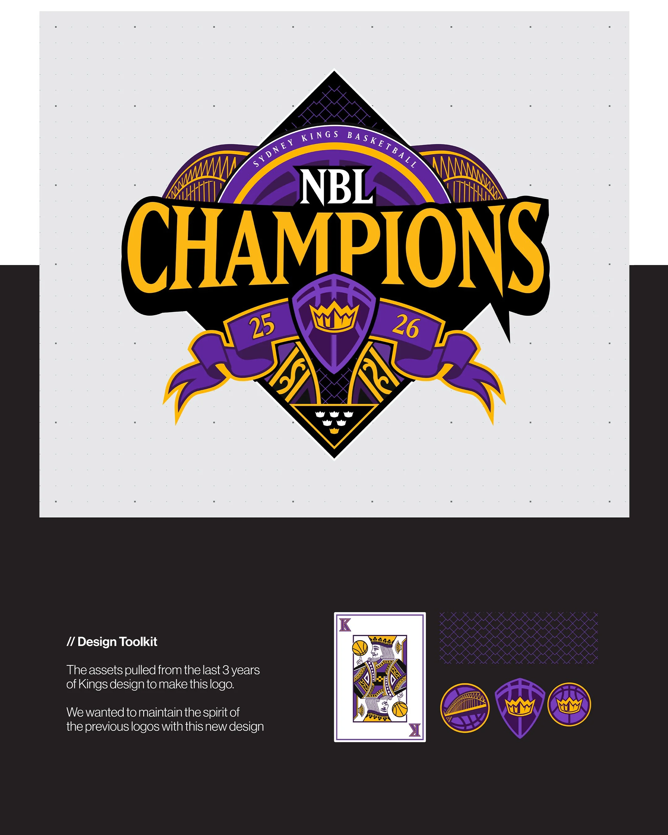 Drawing on the last 3 years of Kings design since the last Championship, I brought familiar elements from the Kings visual identity together in one championship mark - from uniforms and old logos to in-venue graphics.
23h