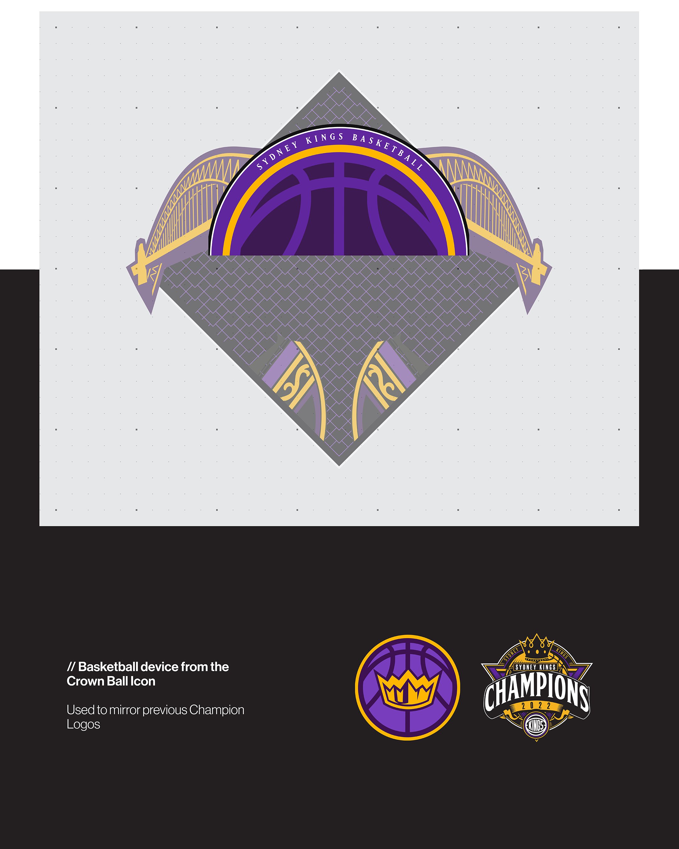 04 // The basketball from the Crown Ball icon forms the upper arch, echoing the structure of previous championship logos.