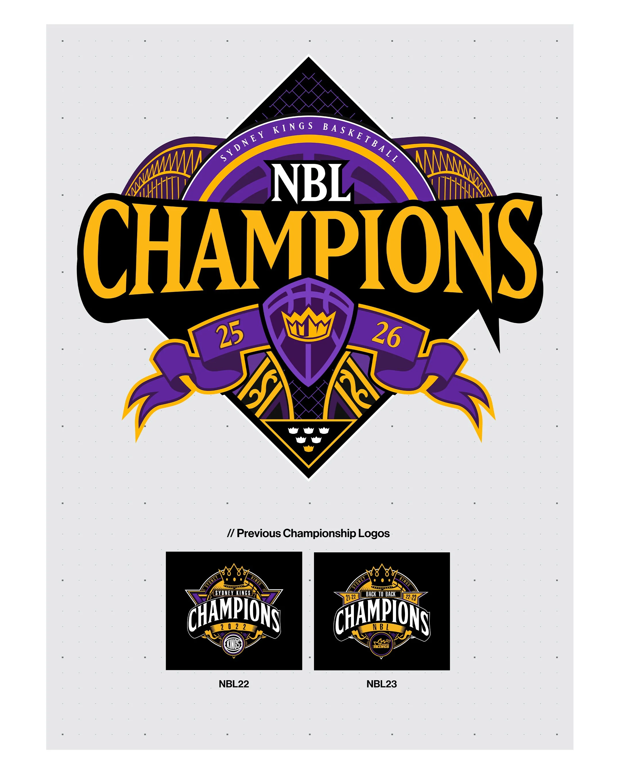 Evolving the NBL22 and NBL23 championship logos, retaining their spirit while bringing the design into the Kings’ current visual identity.