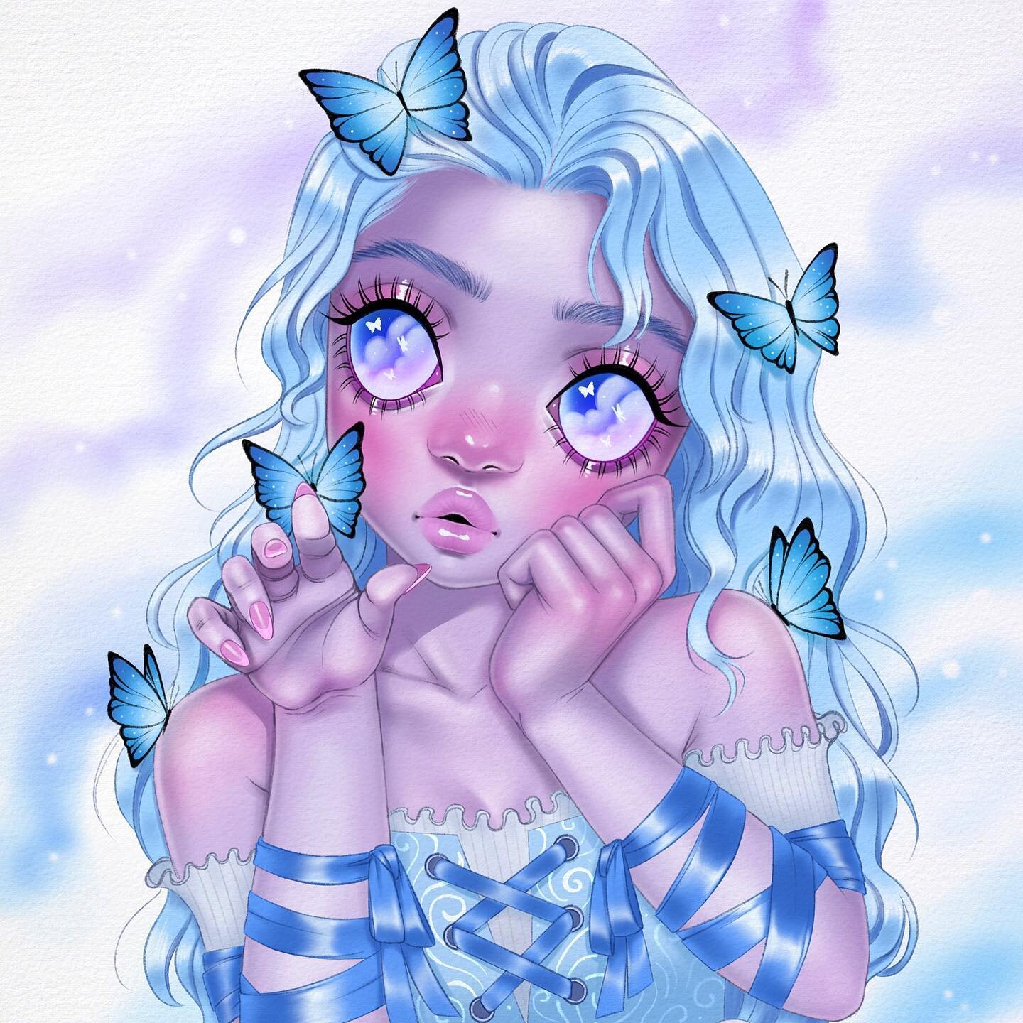 Here is my finished blue butterfly girl artwork 🦋 Swipe to see the progress pics, it&rsquo;s super satisfying! Also prints &amp; stickers of her are available all during April on my Patreon! Just visit Patreon.com/serendipitytheartist/ or click the 