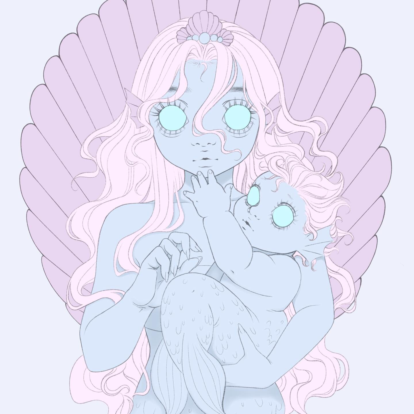 Here is a work in progress pic of my latest artwork! I thought it would be perfect to do a mermaid theme and a mom and baby artwork all in one because this month is #mermay but also Mother&rsquo;s Day! Also she will be this May print &amp; sticker on