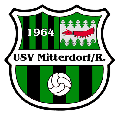 Wappen des USV Mitterdorf/R. mit grünen und schwarzen Streifen, dem Gründungsjahr 1964, einem Ball, einem roten und weißen Element sowie einem Schriftzug.
