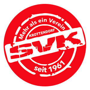 Roter runder Vereinslogo mit weißem Text und Design, enthält Wörter wie 'Mehr als ein Verein', 'Krottendorf', 'seit 1961' und die Abkürzung 'SVK' im Zentralbereich.