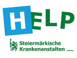 Logo mit grünem Text 'Steiermärkische Krankenanstalten' und einem grünen Symbol neben einem blauen und grünen Text 'HELP'