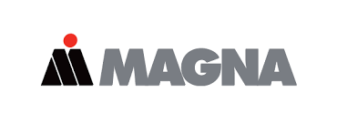 Das Logo der Firma Magna mit schwarzen, roten und grauen Elementen.