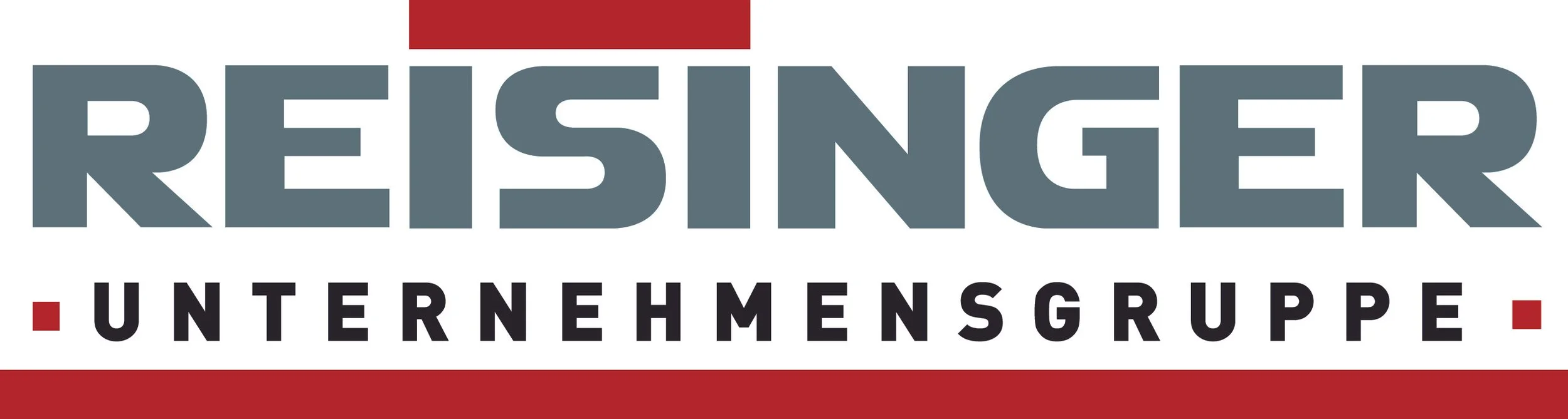 Das Bild zeigt das Logo der RESINGER Unternehmengruppe mit großen, grauen Buchstaben und roten Akzenten.
