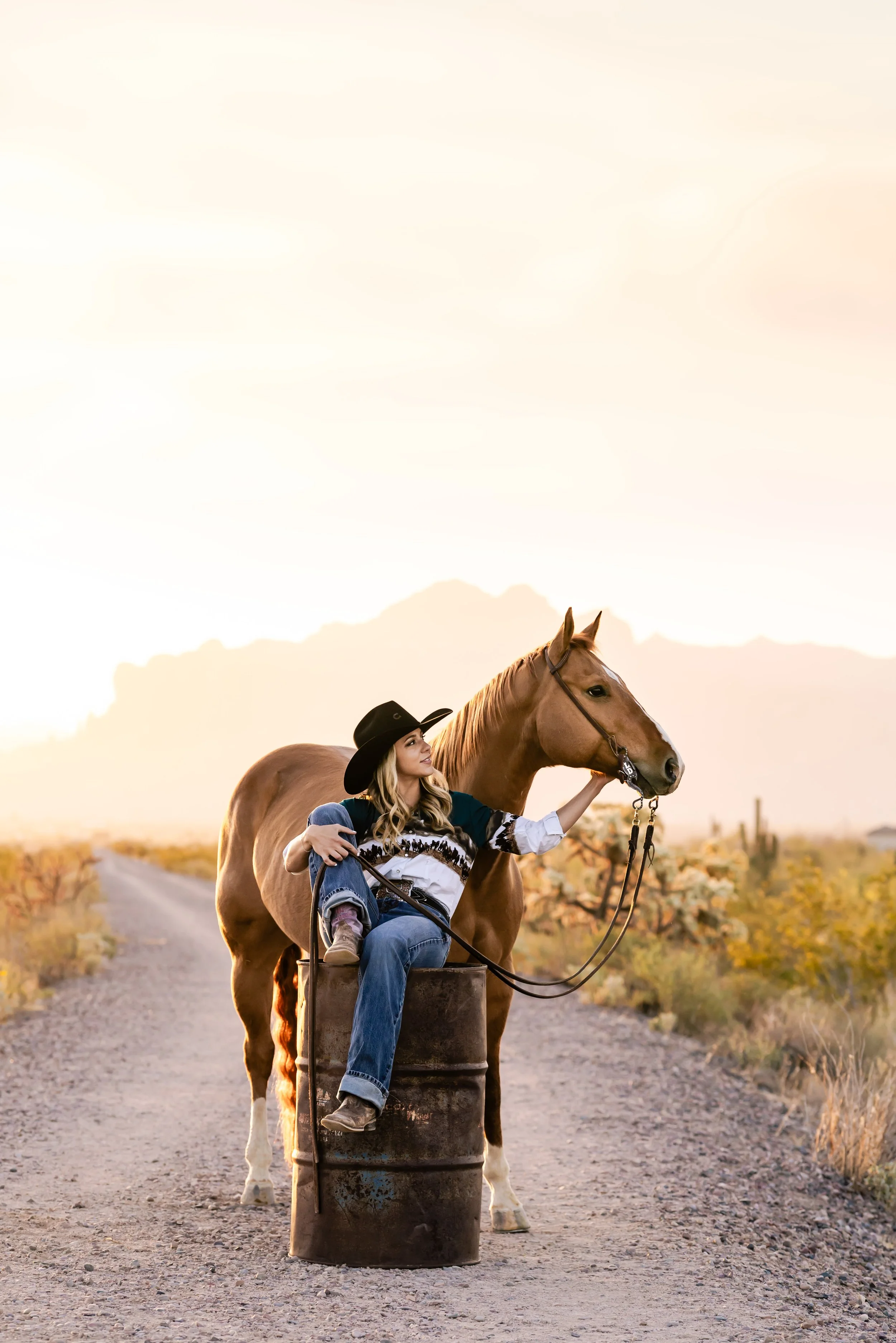 A woman sitting on a barrel, petting a horse in a desert landscape at sunrise or sunset.