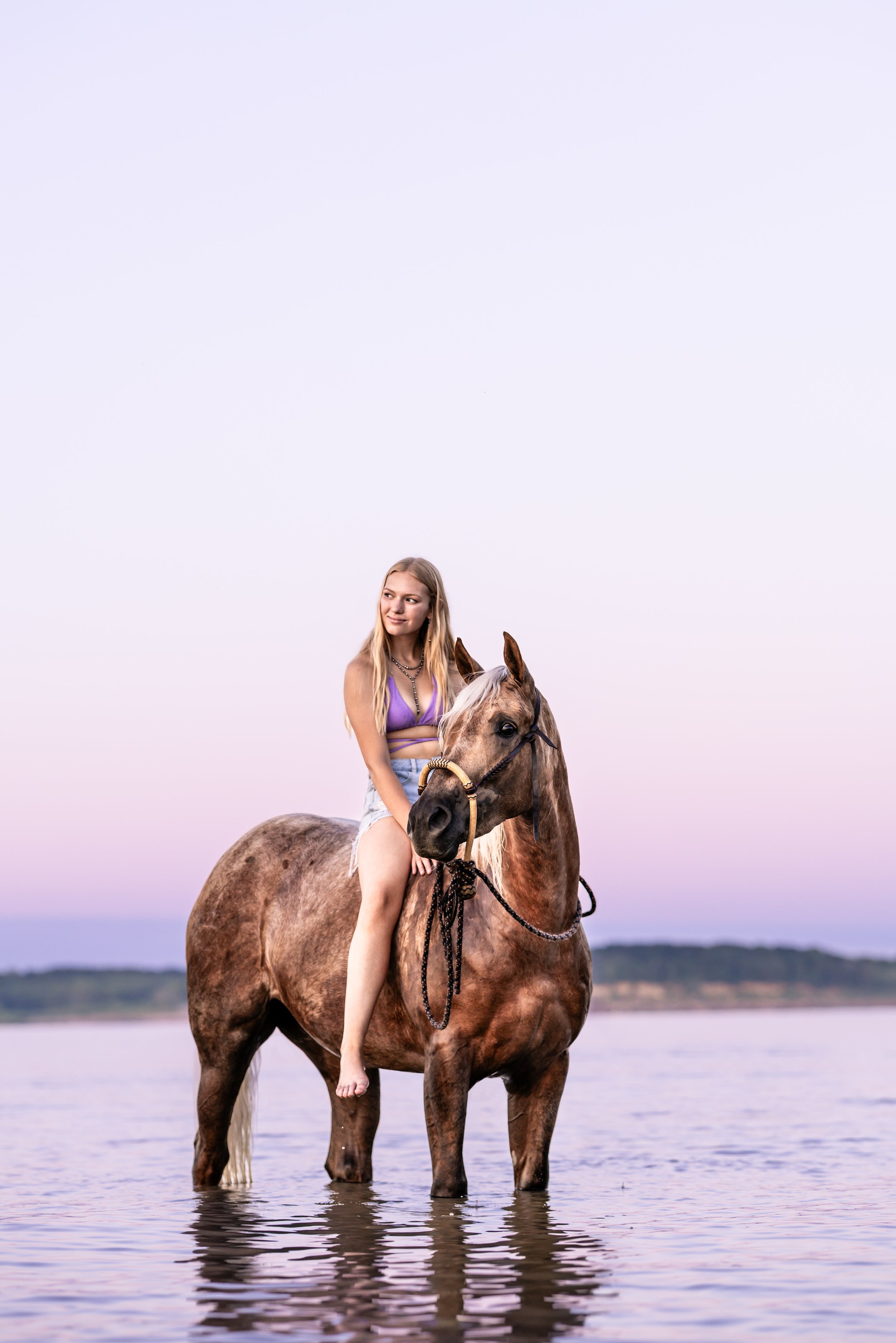 A young woman sits on a brown and white horse standing in calm water at sunset.