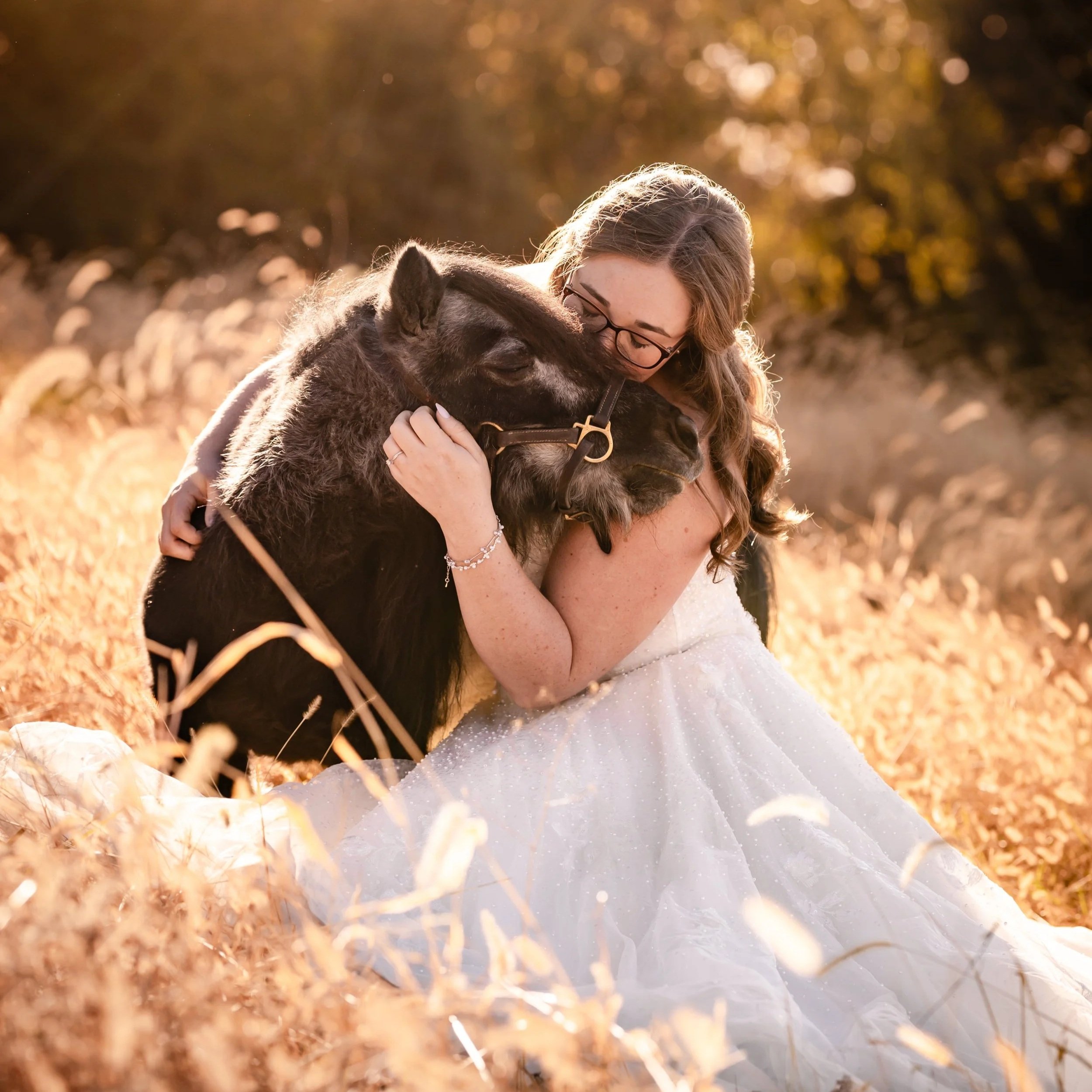 A woman in a white dress sitting in a field hugging a small black pony during sunset.