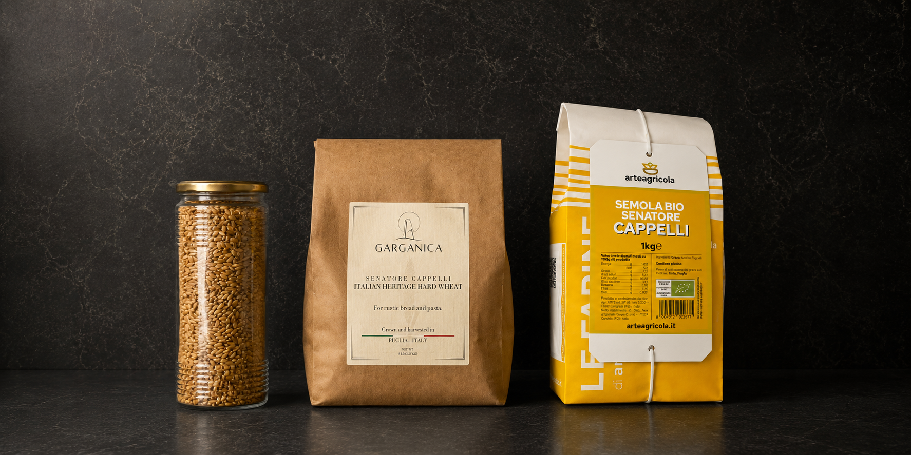Italian Senatore Cappelli wheat berries (grains) and flour from Puglia, Italy.