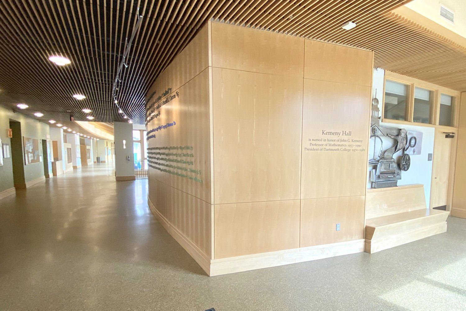  View of Kemeny relief sculpture from main entrance of Kemeny Hall at Dartmouth College. 