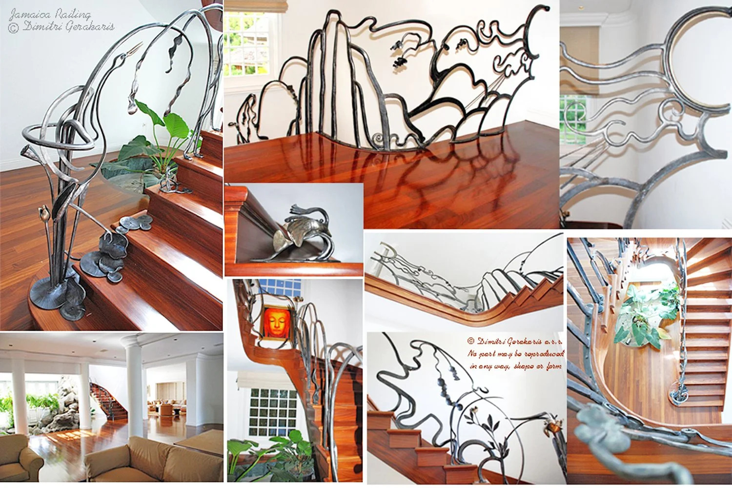  Montage of various views of this flowing two-story railing reflecting the Chinese-Jamaican heritage of the residents 
