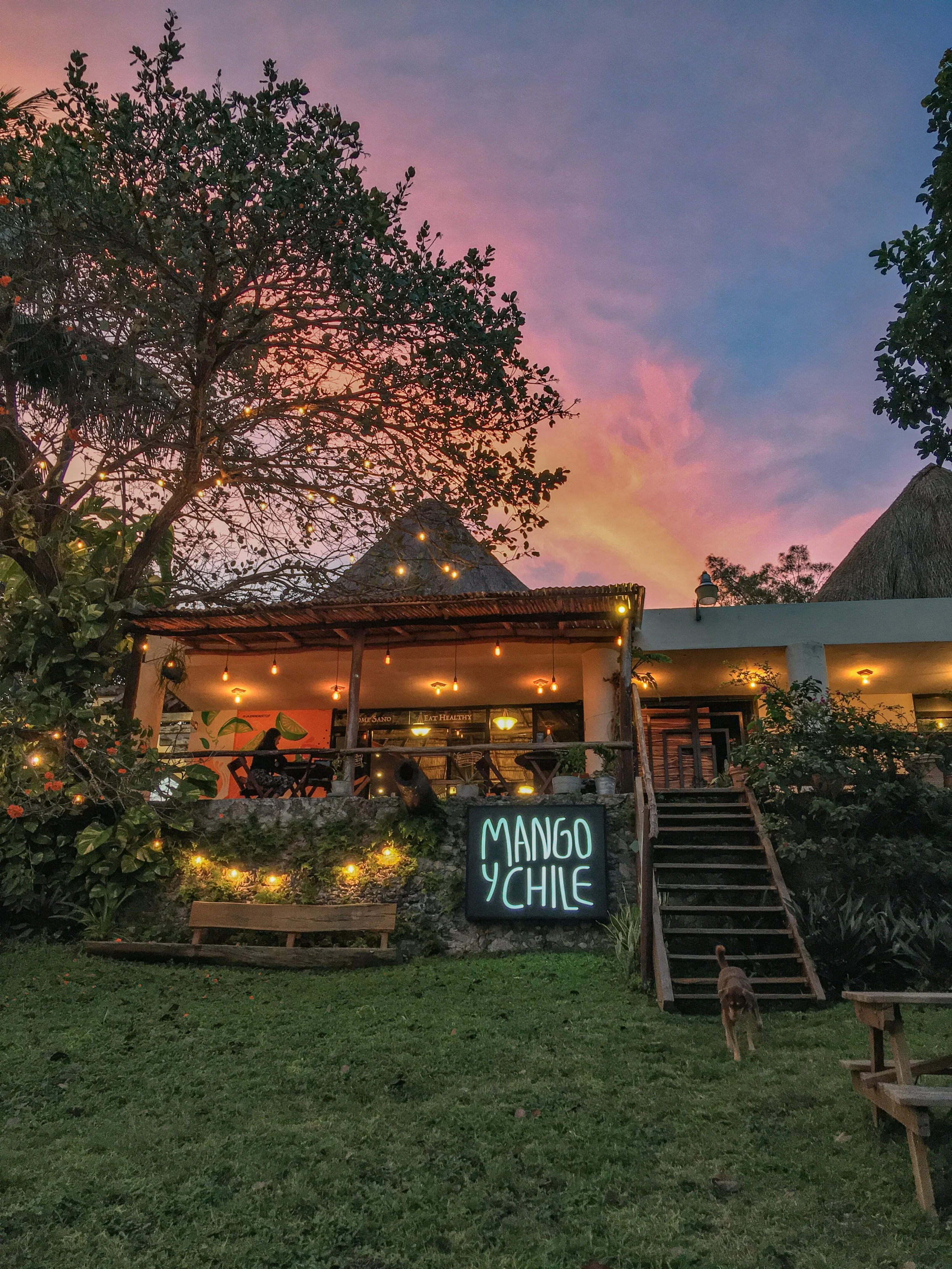Outdoor restaurant or cafe with a sign that reads 'MANGO y CHILE', a deck with string lights, trees, and a colorful sunset sky.