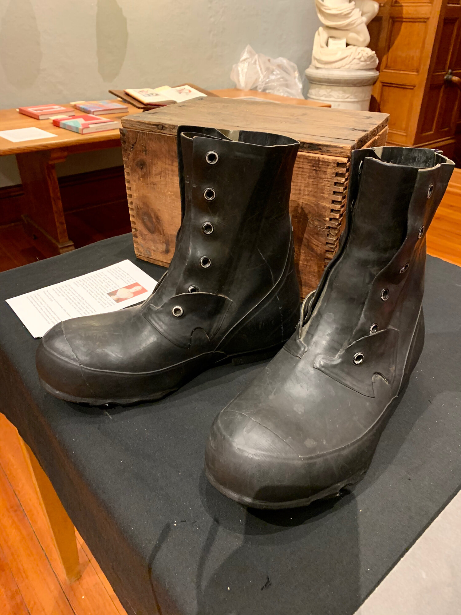 Rubber Boots made by the Boston Rubber Shoe Company, on exhibit at the Converse Memorial Building, Malden