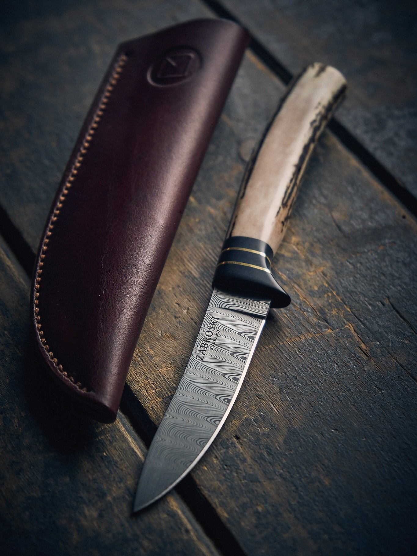 A little hidden-tang Damasteel blade, handled in Sika stag antler - recently sold through the Mailing List.