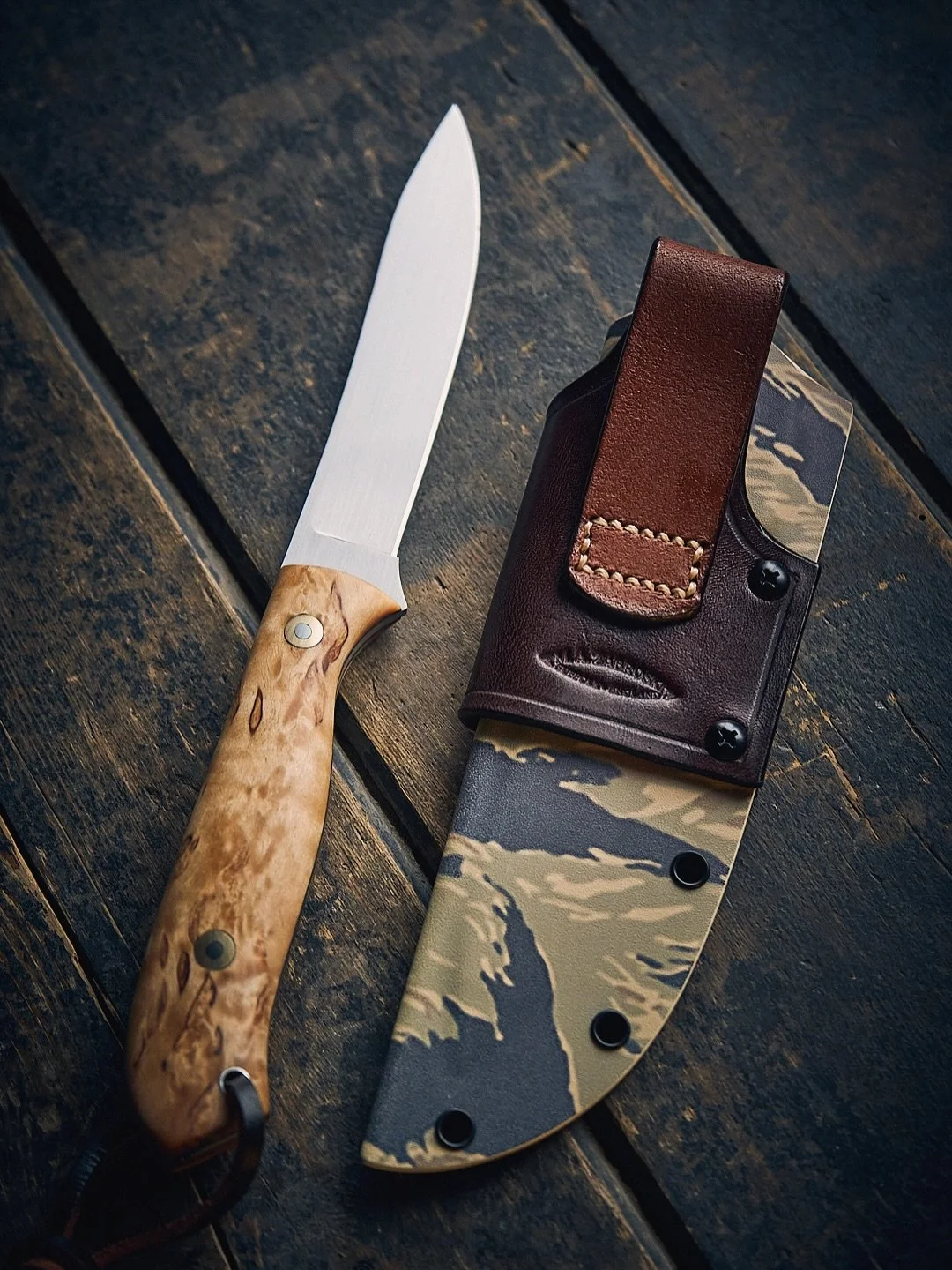 The Big Game knife.

Made from 14C28N stainless. Handled in stabilised Masur Birch. Sold through my Mailing List.

At the customer&rsquo;s request, finished in Tiger Stripe Kydex&mdash;a bold choice, and a welcome one. Always good to see someone will
