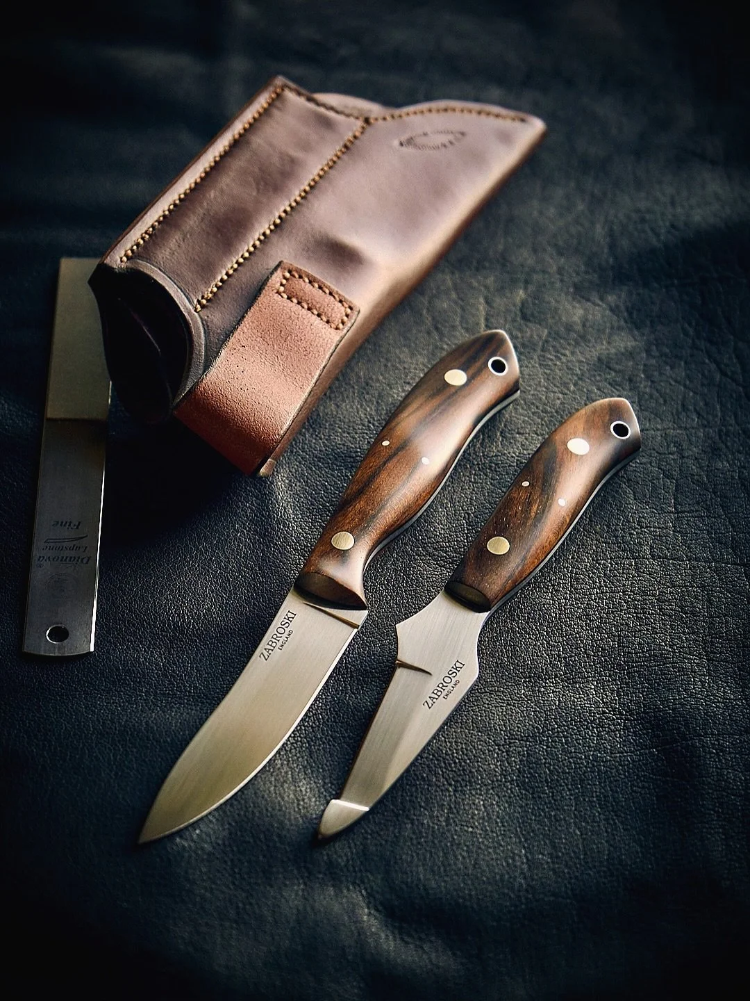 Deer stalker&rsquo;s set.

Balmoral in 14C28N stainless accompanied by a matched Zipper blade for effortless field dressing. 

Stabilised Gunstock Walnut scavenged from skip outside Westley Richards &amp; Co.

Supplied in a fully handmade custom shea