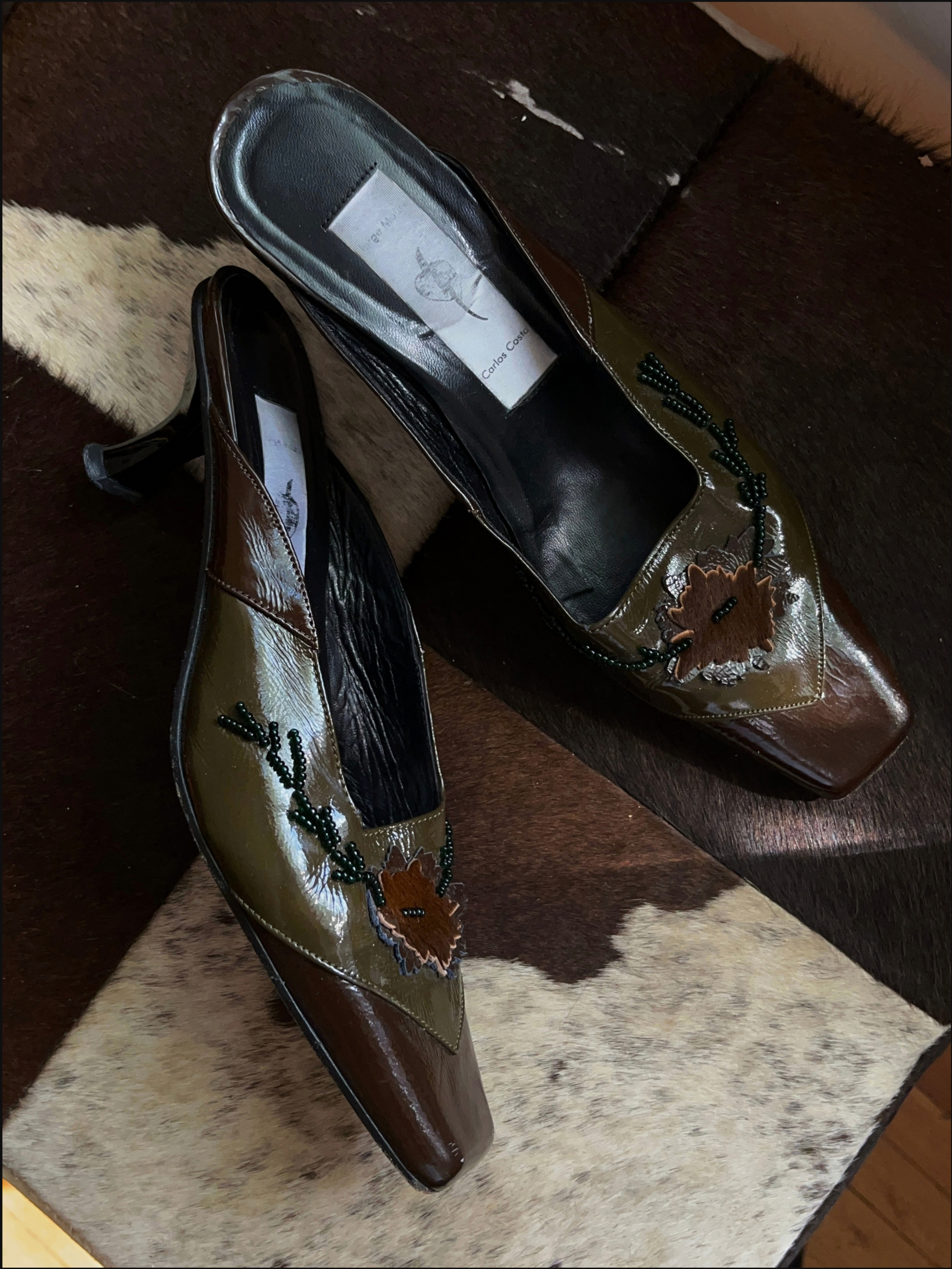 Beaded Appliqué Leather Mules — 6.5